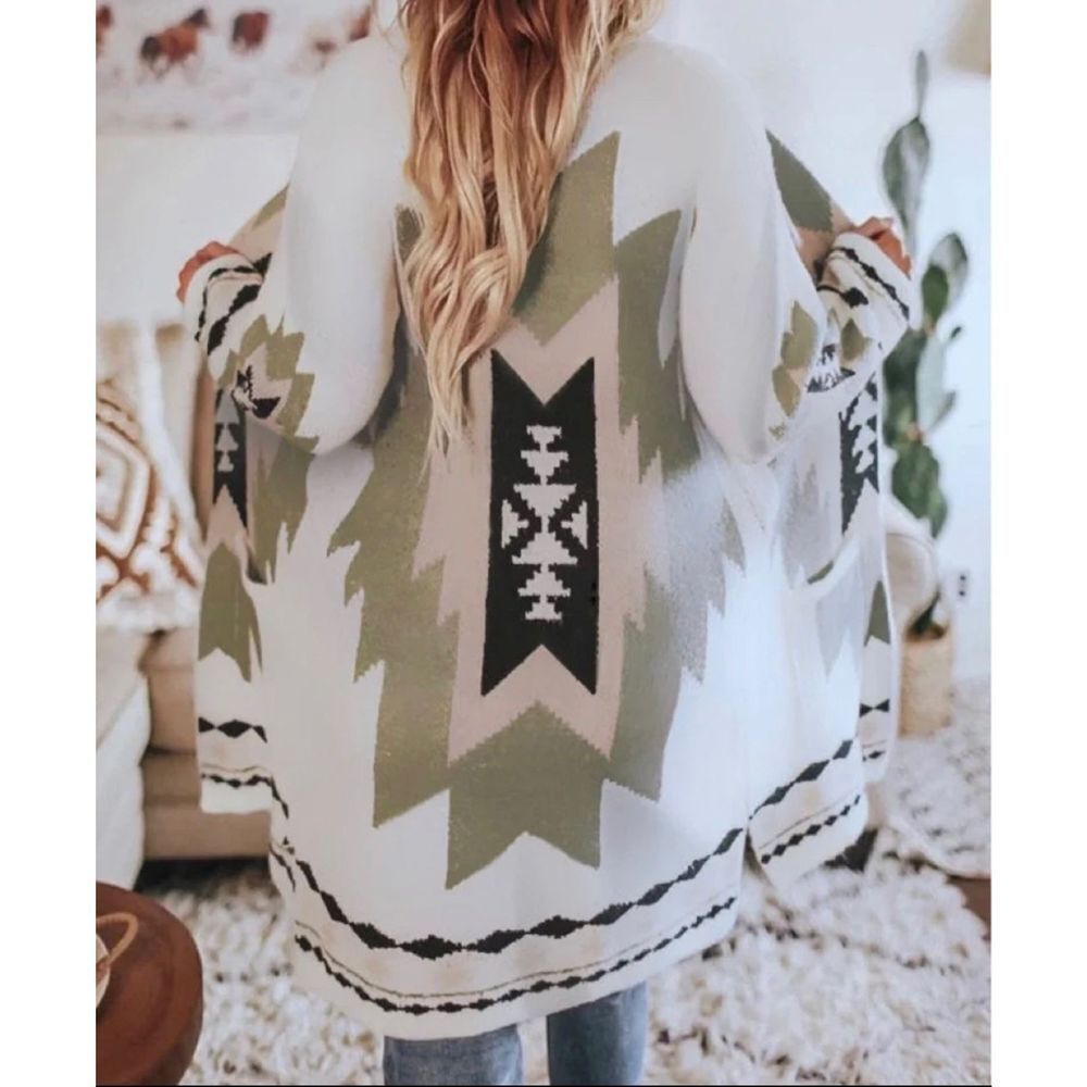 2XL White Aztec Long Cardigan Womens Western Open Front Duster - Picture 4 of 6